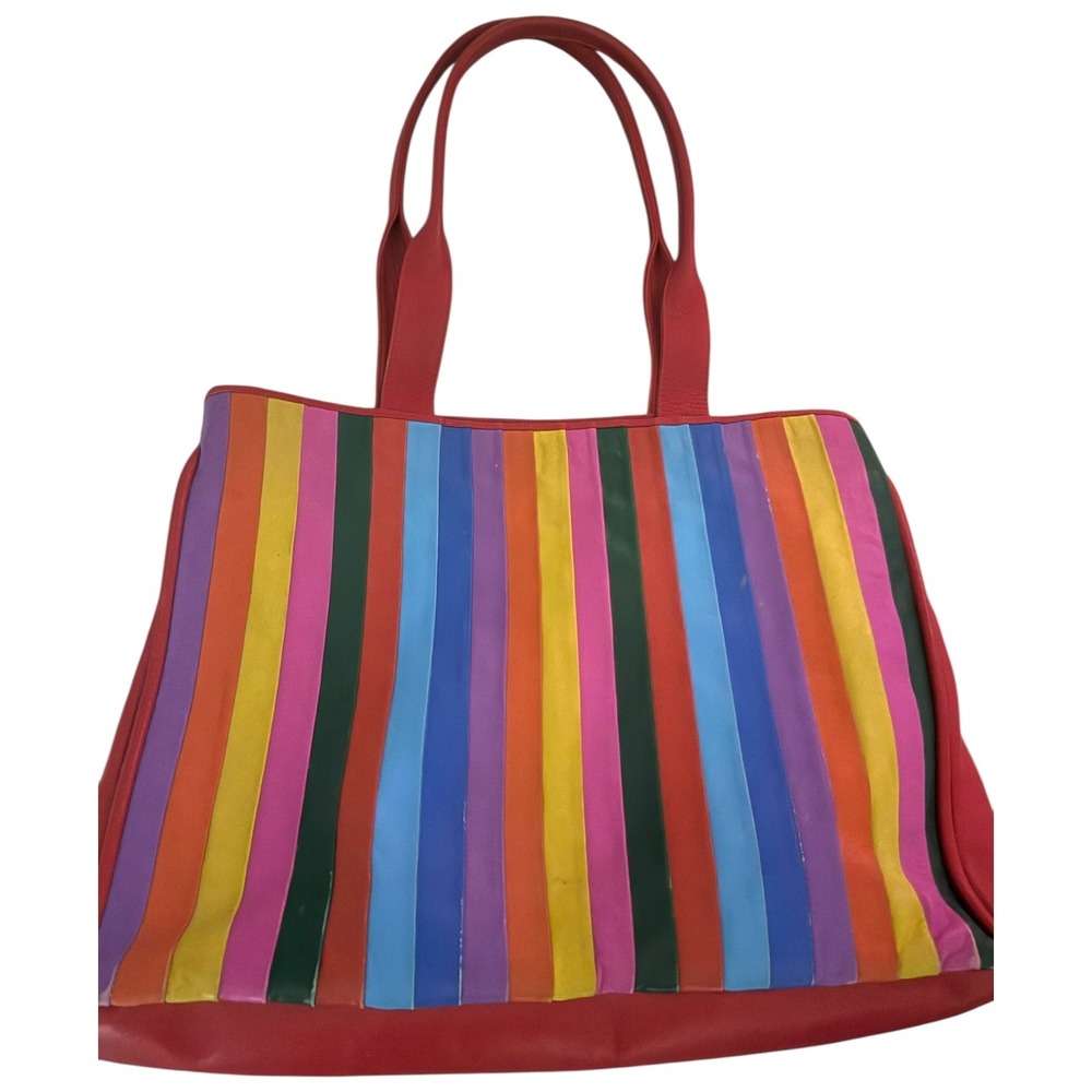 I. Magnin Vintage Rainbow Striped Leather Tote Bag Large Multi Color Made Italy